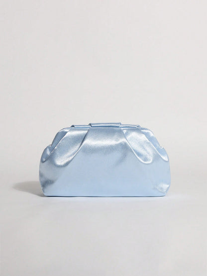 1pc Light Blue Satin Silk Soft Pearl Cloud Pleated Clutch Bag With Chain Strap, Suitable For Evening Party And Formal Occasions