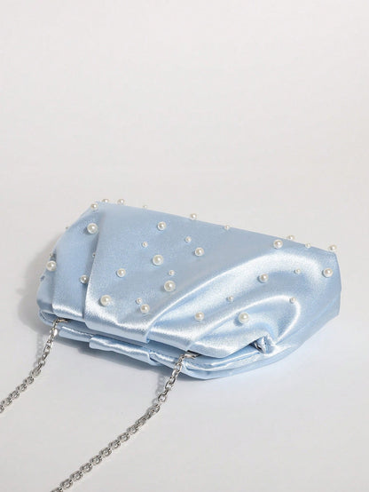 1pc Light Blue Satin Silk Soft Pearl Cloud Pleated Clutch Bag With Chain Strap, Suitable For Evening Party And Formal Occasions