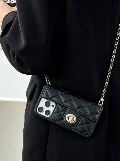 1pc Luxury Fragrance Style Rhombus Chain Lock Card Holder Crossbody Phone Case, Premium Wool Pattern Quilted Microfiber Leather, Crossbody Leather Chain Coin Card Holder Portable Protective Shell For