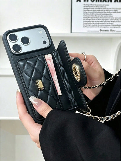 1pc Luxury Fragrance Style Rhombus Chain Lock Card Holder Crossbody Phone Case, Premium Wool Pattern Quilted Microfiber Leather, Crossbody Leather Chain Coin Card Holder Portable Protective Shell For