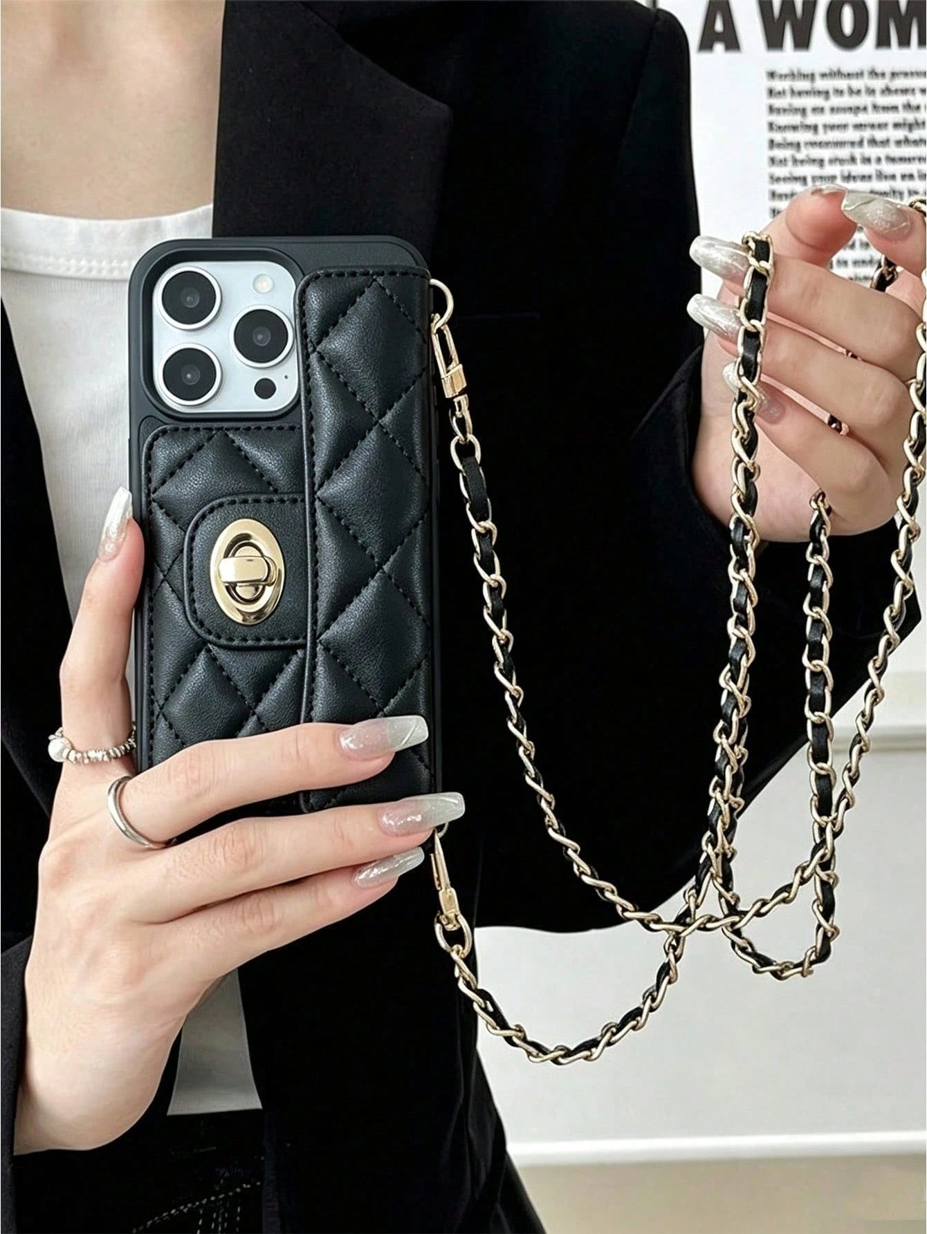 1pc Luxury Fragrance Style Rhombus Chain Lock Card Holder Crossbody Phone Case, Premium Wool Pattern Quilted Microfiber Leather, Crossbody Leather Chain Coin Card Holder Portable Protective Shell For