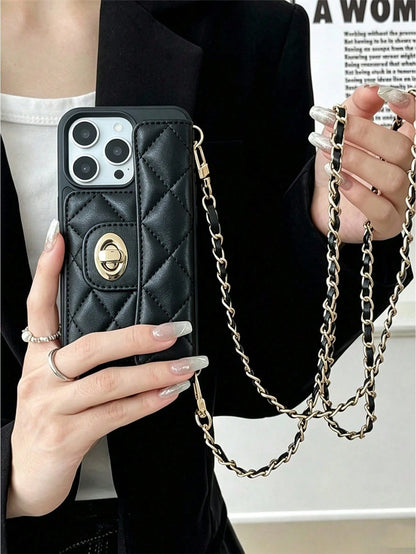 1pc Luxury Fragrance Style Rhombus Chain Lock Card Holder Crossbody Phone Case, Premium Wool Pattern Quilted Microfiber Leather, Crossbody Leather Chain Coin Card Holder Portable Protective Shell For