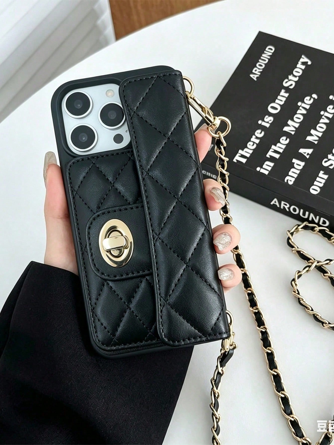 1pc Luxury Fragrance Style Rhombus Chain Lock Card Holder Crossbody Phone Case, Premium Wool Pattern Quilted Microfiber Leather, Crossbody Leather Chain Coin Card Holder Portable Protective Shell For