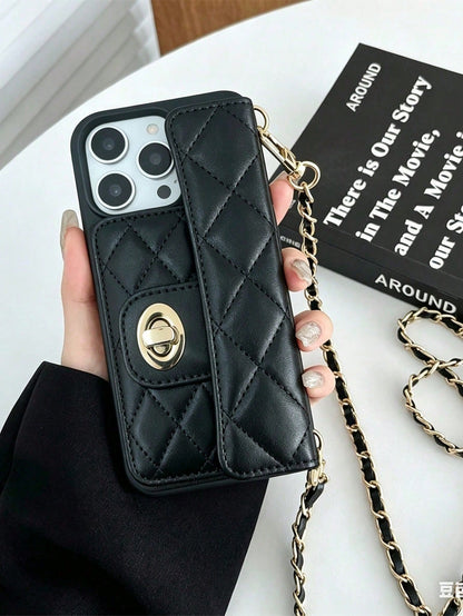 1pc Luxury Fragrance Style Rhombus Chain Lock Card Holder Crossbody Phone Case, Premium Wool Pattern Quilted Microfiber Leather, Crossbody Leather Chain Coin Card Holder Portable Protective Shell For