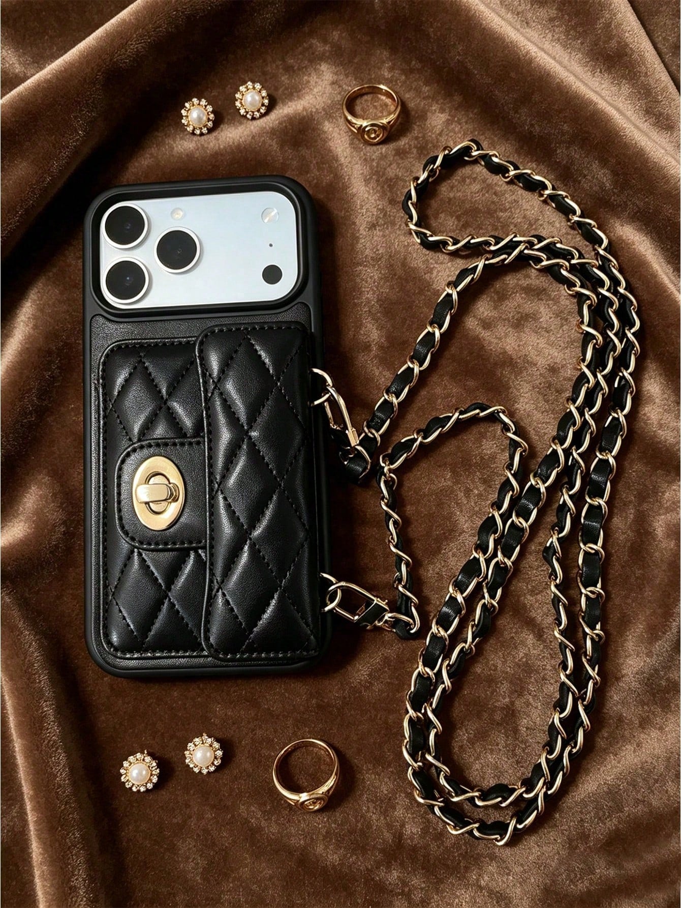 1pc Luxury Fragrance Style Rhombus Chain Lock Card Holder Crossbody Phone Case, Premium Wool Pattern Quilted Microfiber Leather, Crossbody Leather Chain Coin Card Holder Portable Protective Shell For