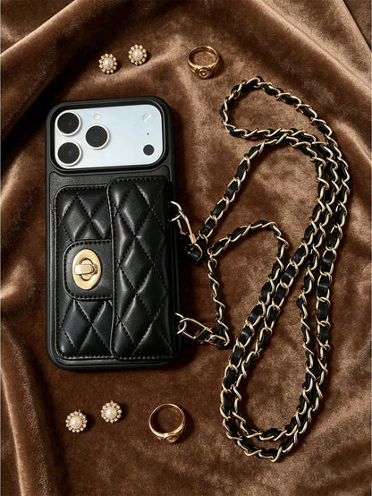 1pc Luxury Fragrance Style Rhombus Chain Lock Card Holder Crossbody Phone Case, Premium Wool Pattern Quilted Microfiber Leather, Crossbody Leather Chain Coin Card Holder Portable Protective Shell For