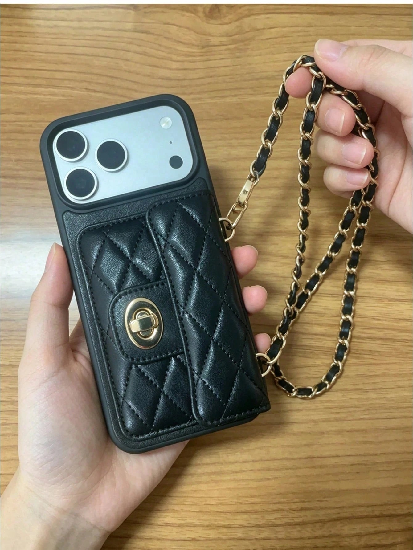1pc Luxury Fragrance Style Rhombus Chain Lock Card Holder Crossbody Phone Case, Premium Wool Pattern Quilted Microfiber Leather, Crossbody Leather Chain Coin Card Holder Portable Protective Shell For