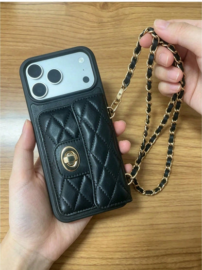 1pc Luxury Fragrance Style Rhombus Chain Lock Card Holder Crossbody Phone Case, Premium Wool Pattern Quilted Microfiber Leather, Crossbody Leather Chain Coin Card Holder Portable Protective Shell For