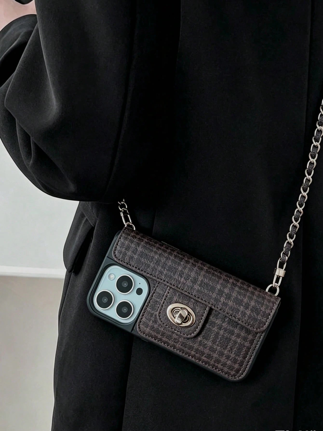1pc Luxury Fragrance Style Rhombus Chain Lock Card Holder Crossbody Phone Case, Premium Wool Pattern Quilted Microfiber Leather, Crossbody Leather Chain Coin Card Holder Portable Protective Shell For