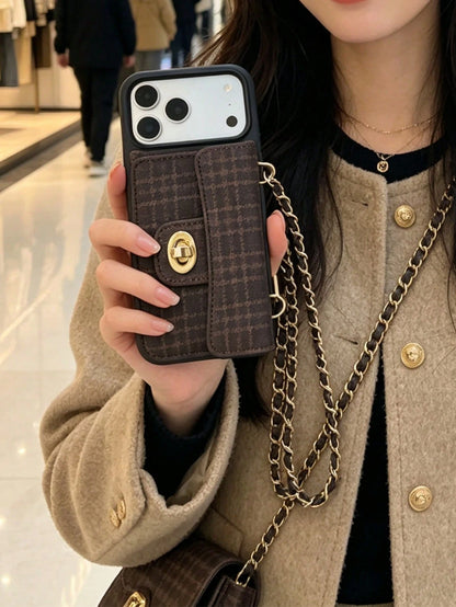 1pc Luxury Fragrance Style Rhombus Chain Lock Card Holder Crossbody Phone Case, Premium Wool Pattern Quilted Microfiber Leather, Crossbody Leather Chain Coin Card Holder Portable Protective Shell For