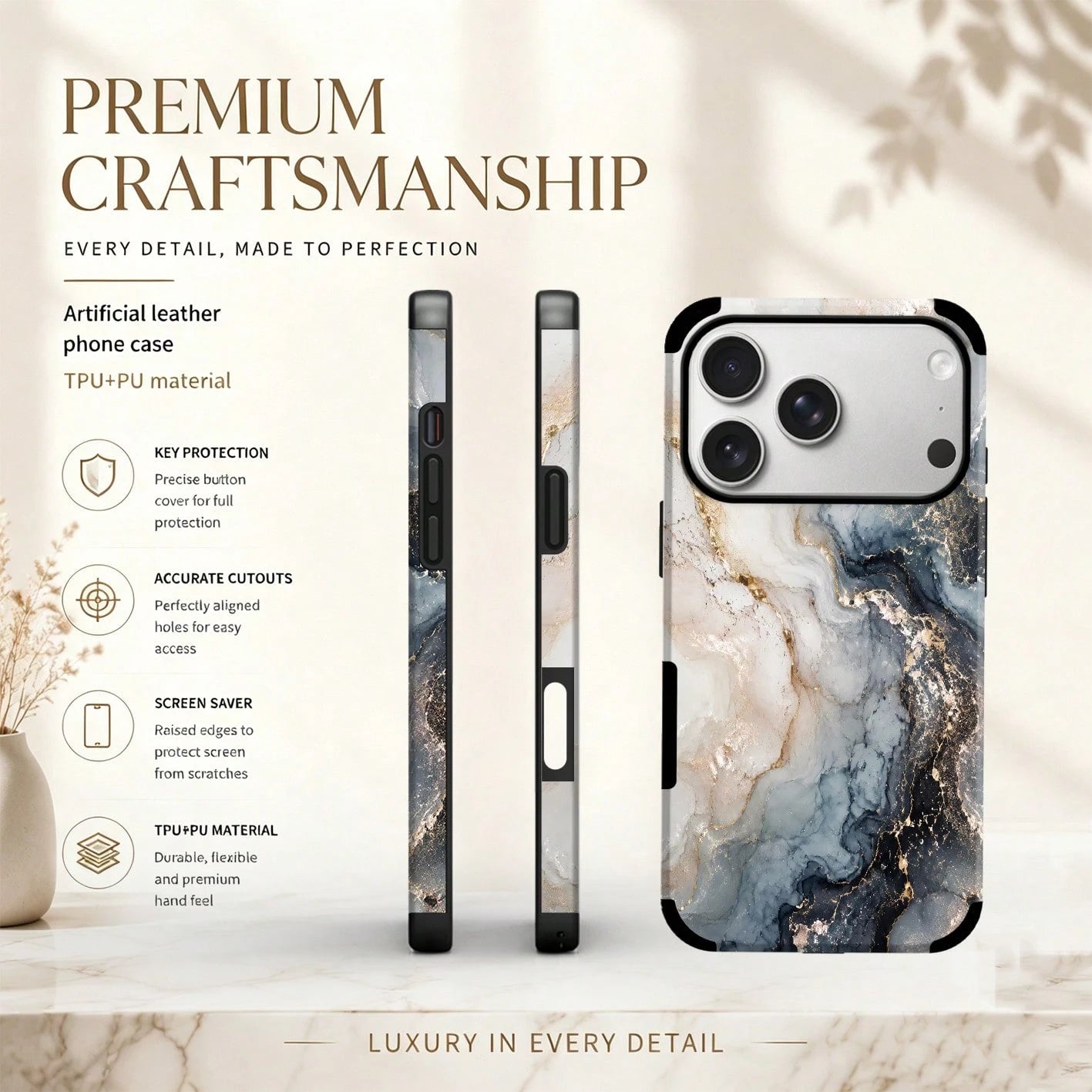 1pc Luxury Gold Mist Agate Marble Pattern Double Layer Anti-Drop Wear-Resistant Microfiber Leather Durable Fashion Phone Case Suitable For IPhone 17/16/15/14/13/12/11promax/Galaxy S24 Ultra/S24/S23/S2