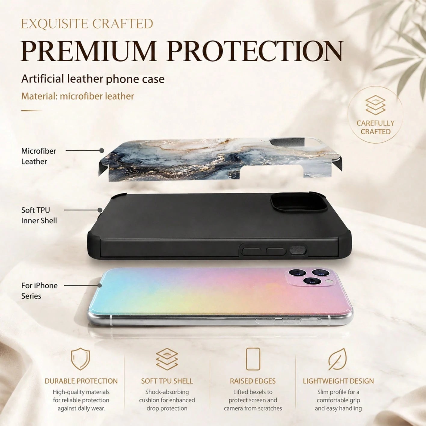 1pc Luxury Gold Mist Agate Marble Pattern Double Layer Anti-Drop Wear-Resistant Microfiber Leather Durable Fashion Phone Case Suitable For IPhone 17/16/15/14/13/12/11promax/Galaxy S24 Ultra/S24/S23/S2