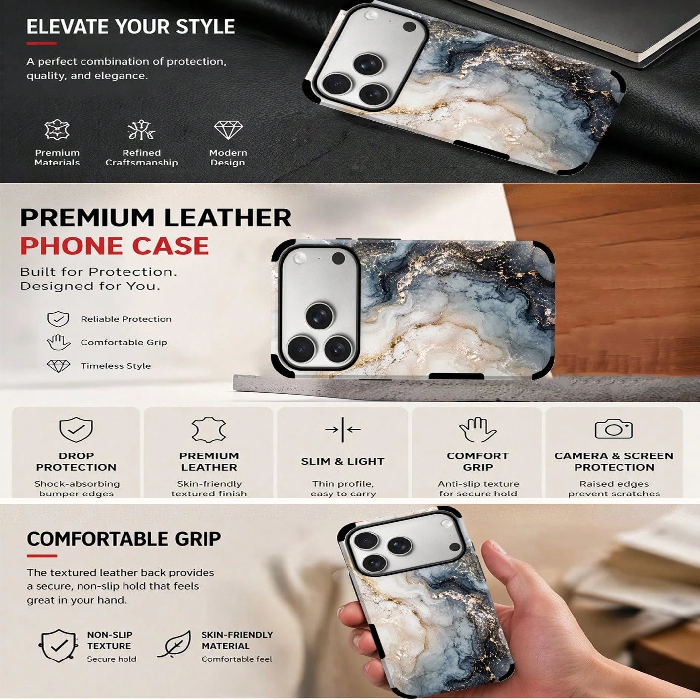 1pc Luxury Gold Mist Agate Marble Pattern Double Layer Anti-Drop Wear-Resistant Microfiber Leather Durable Fashion Phone Case Suitable For IPhone 17/16/15/14/13/12/11promax/Galaxy S24 Ultra/S24/S23/S2