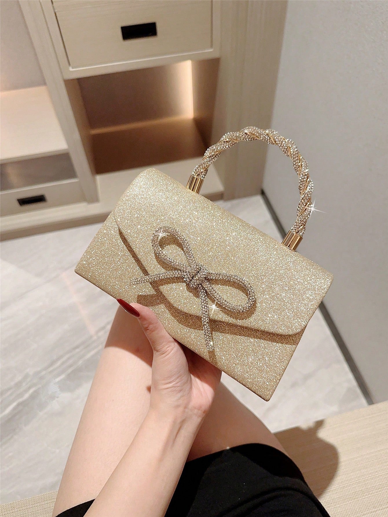 1pc Luxury Women's Evening Clutch Bag, Formal Party Rhinestone Bowknot Decor, Bridal Wedding Purse, Perfect For Party, Wedding, Prom, Dinner/Banquet