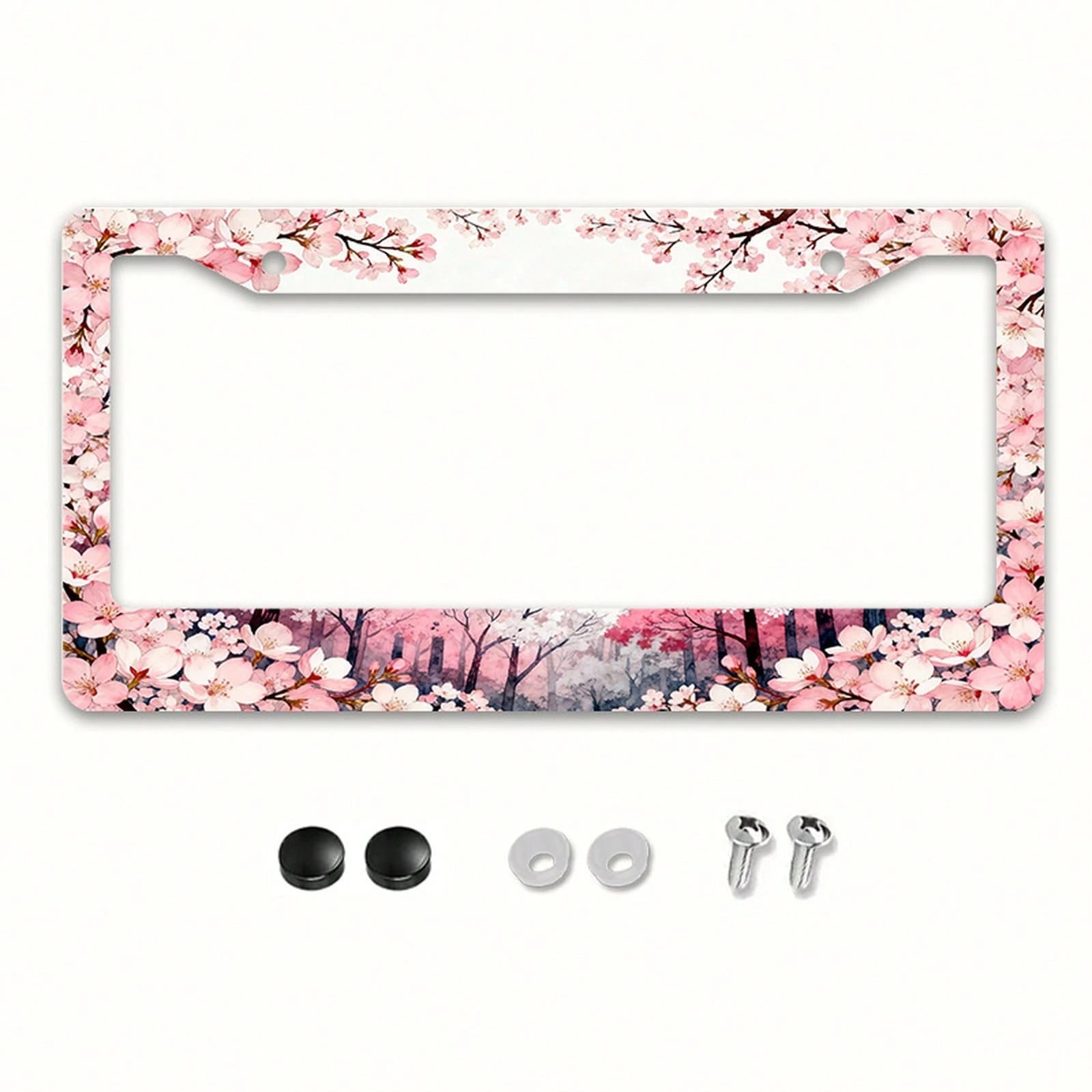 1pc Metal License Plate Frame Suitable For North American And International Vehicles, Featuring A Romantic Cherry Blossom Theme With Pink Flowers And Colorful Tree Patterns, Includes Mounting Screws F
