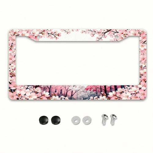 1pc Metal License Plate Frame Suitable For North American And International Vehicles, Featuring A Romantic Cherry Blossom Theme With Pink Flowers And Colorful Tree Patterns, Includes Mounting Screws F
