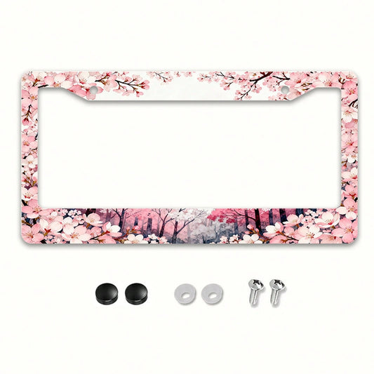 1pc Metal License Plate Frame Suitable For North American And International Vehicles, Featuring A Romantic Cherry Blossom Theme With Pink Flowers And Colorful Tree Patterns, Includes Mounting Screws F