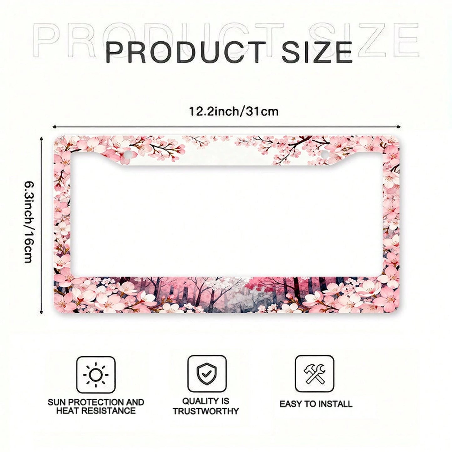 1pc Metal License Plate Frame Suitable For North American And International Vehicles, Featuring A Romantic Cherry Blossom Theme With Pink Flowers And Colorful Tree Patterns, Includes Mounting Screws F
