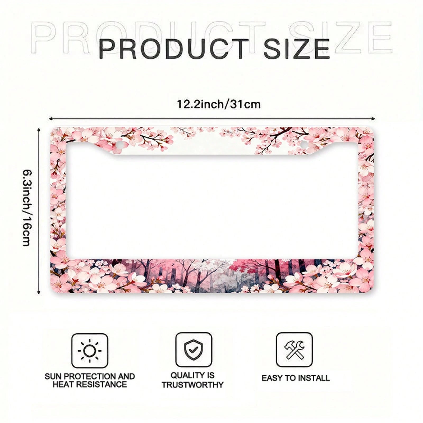 1pc Metal License Plate Frame Suitable For North American And International Vehicles, Featuring A Romantic Cherry Blossom Theme With Pink Flowers And Colorful Tree Patterns, Includes Mounting Screws F