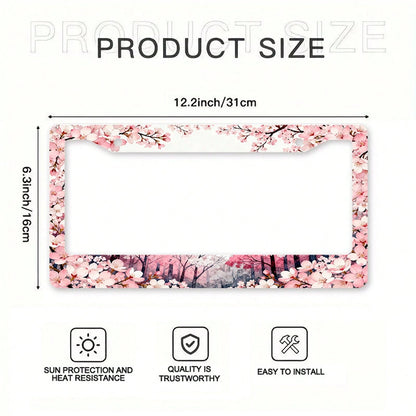 1pc Metal License Plate Frame Suitable For North American And International Vehicles, Featuring A Romantic Cherry Blossom Theme With Pink Flowers And Colorful Tree Patterns, Includes Mounting Screws F