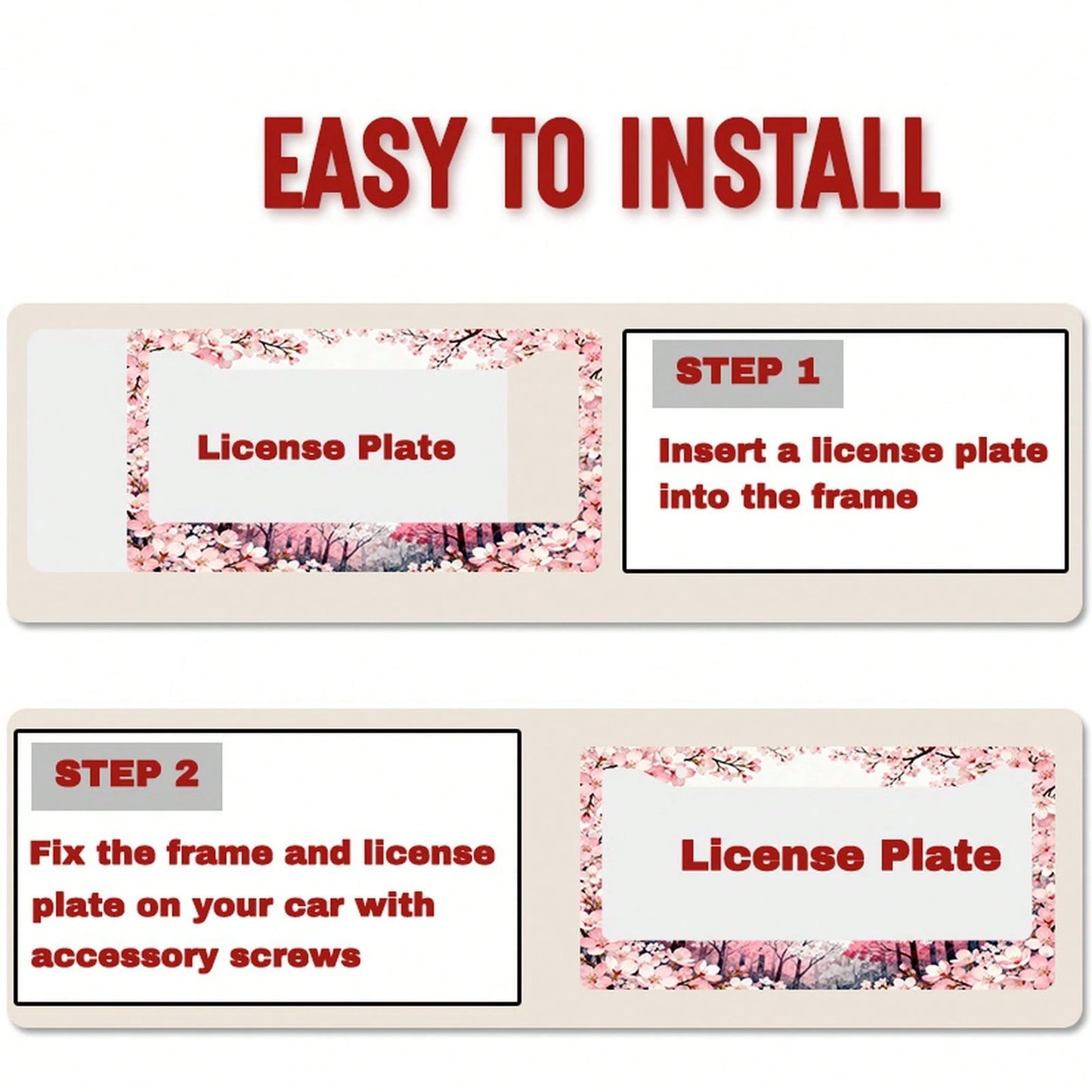 1pc Metal License Plate Frame Suitable For North American And International Vehicles, Featuring A Romantic Cherry Blossom Theme With Pink Flowers And Colorful Tree Patterns, Includes Mounting Screws F
