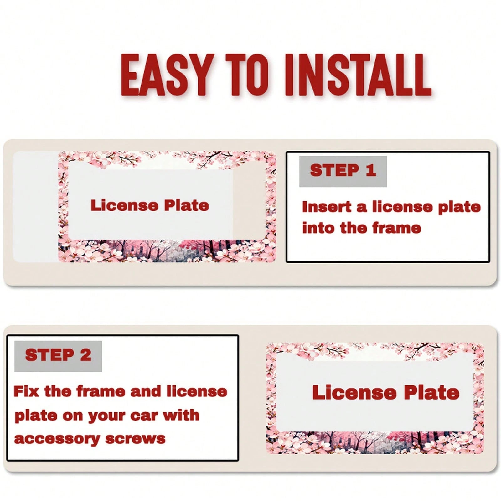 1pc Metal License Plate Frame Suitable For North American And International Vehicles, Featuring A Romantic Cherry Blossom Theme With Pink Flowers And Colorful Tree Patterns, Includes Mounting Screws F