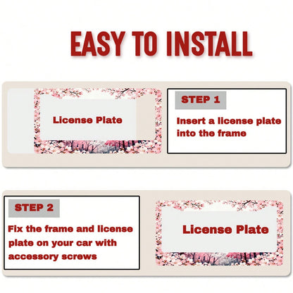 1pc Metal License Plate Frame Suitable For North American And International Vehicles, Featuring A Romantic Cherry Blossom Theme With Pink Flowers And Colorful Tree Patterns, Includes Mounting Screws F
