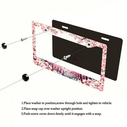 1pc Metal License Plate Frame Suitable For North American And International Vehicles, Featuring A Romantic Cherry Blossom Theme With Pink Flowers And Colorful Tree Patterns, Includes Mounting Screws F
