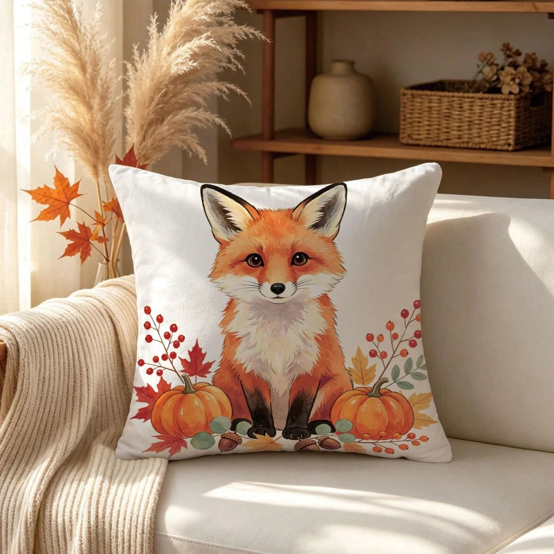 1pc Minimalist Autumn Fox Pumpkin Berry Leaf Pattern Cushion Cover, Single-Sided Printed Skin-Friendly Peach Skin Velvet Material, 45*45CM Pillowcase Suitable For Room Decoration, Indoor Living Room S