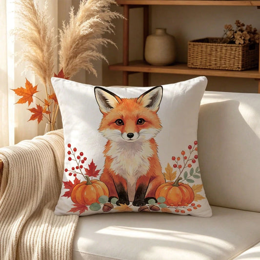 1pc Minimalist Autumn Fox Pumpkin Berry Leaf Pattern Cushion Cover, Single-Sided Printed Skin-Friendly Peach Skin Velvet Material, 45*45CM Pillowcase Suitable For Room Decoration, Indoor Living Room S