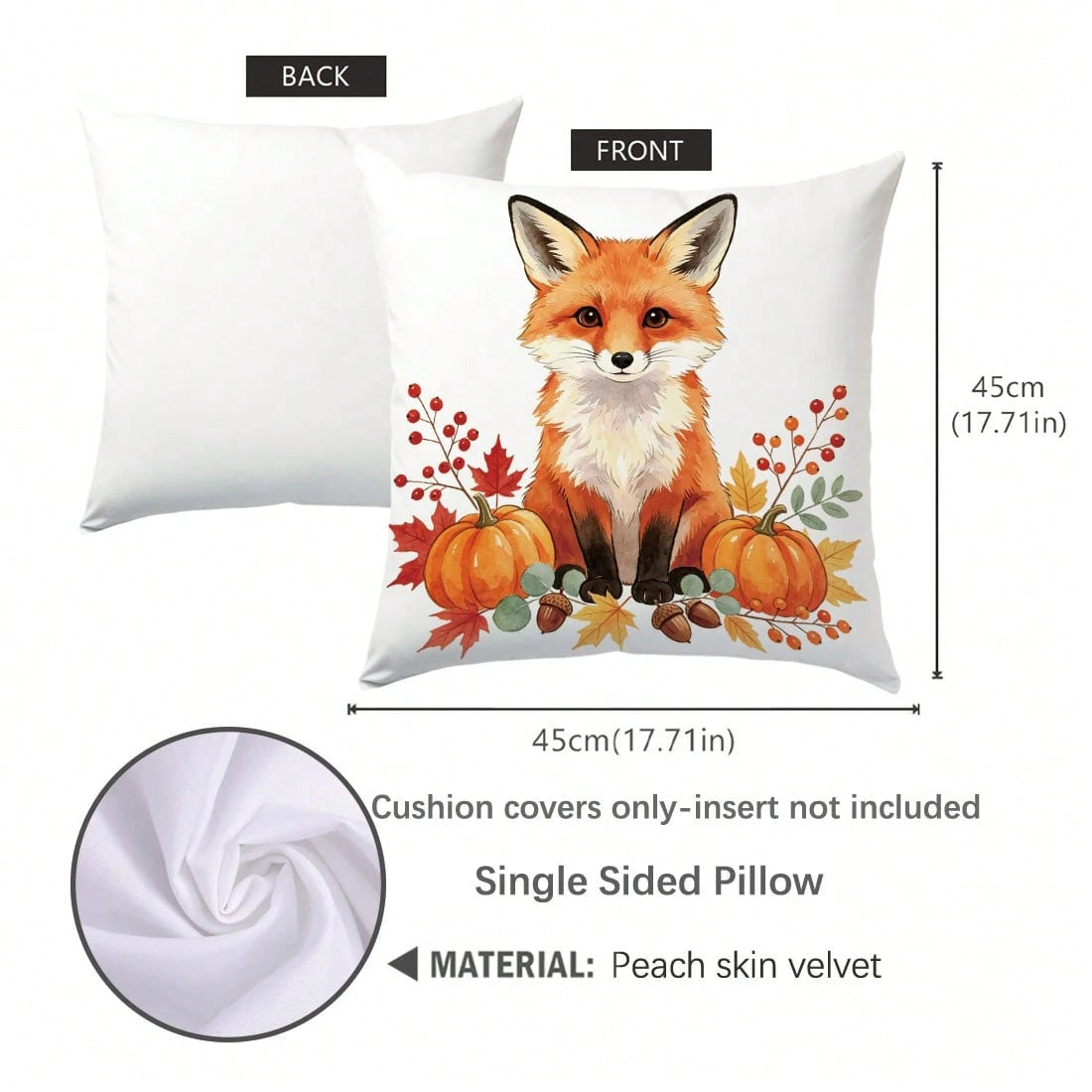 1pc Minimalist Autumn Fox Pumpkin Berry Leaf Pattern Cushion Cover, Single-Sided Printed Skin-Friendly Peach Skin Velvet Material, 45*45CM Pillowcase Suitable For Room Decoration, Indoor Living Room S