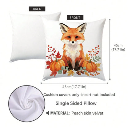 1pc Minimalist Autumn Fox Pumpkin Berry Leaf Pattern Cushion Cover, Single-Sided Printed Skin-Friendly Peach Skin Velvet Material, 45*45CM Pillowcase Suitable For Room Decoration, Indoor Living Room S