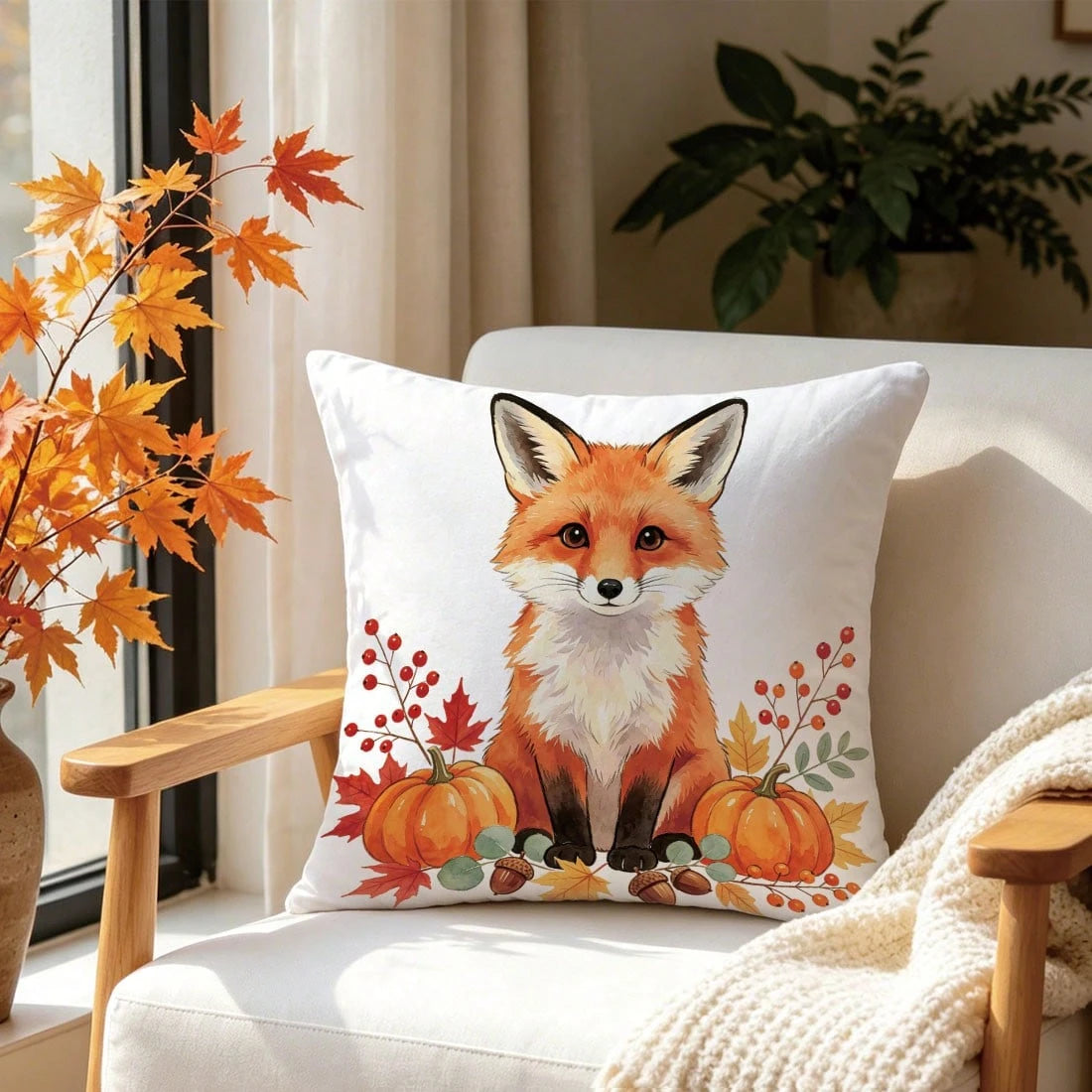 1pc Minimalist Autumn Fox Pumpkin Berry Leaf Pattern Cushion Cover, Single-Sided Printed Skin-Friendly Peach Skin Velvet Material, 45*45CM Pillowcase Suitable For Room Decoration, Indoor Living Room S