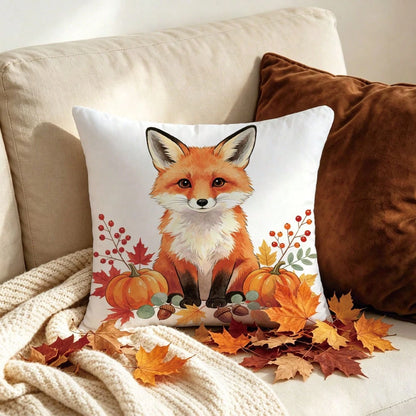 1pc Minimalist Autumn Fox Pumpkin Berry Leaf Pattern Cushion Cover, Single-Sided Printed Skin-Friendly Peach Skin Velvet Material, 45*45CM Pillowcase Suitable For Room Decoration, Indoor Living Room S