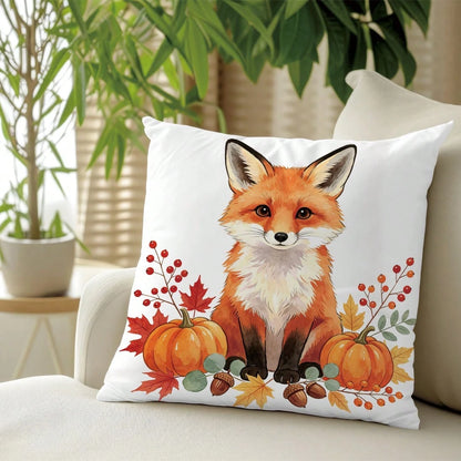 1pc Minimalist Autumn Fox Pumpkin Berry Leaf Pattern Cushion Cover, Single-Sided Printed Skin-Friendly Peach Skin Velvet Material, 45*45CM Pillowcase Suitable For Room Decoration, Indoor Living Room S