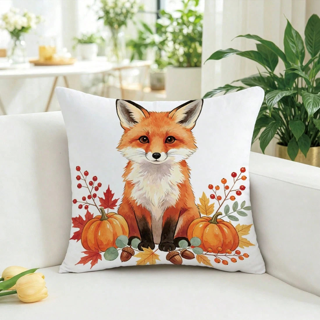 1pc Minimalist Autumn Fox Pumpkin Berry Leaf Pattern Cushion Cover, Single-Sided Printed Skin-Friendly Peach Skin Velvet Material, 45*45CM Pillowcase Suitable For Room Decoration, Indoor Living Room S