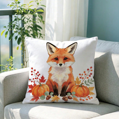 1pc Minimalist Autumn Fox Pumpkin Berry Leaf Pattern Cushion Cover, Single-Sided Printed Skin-Friendly Peach Skin Velvet Material, 45*45CM Pillowcase Suitable For Room Decoration, Indoor Living Room S