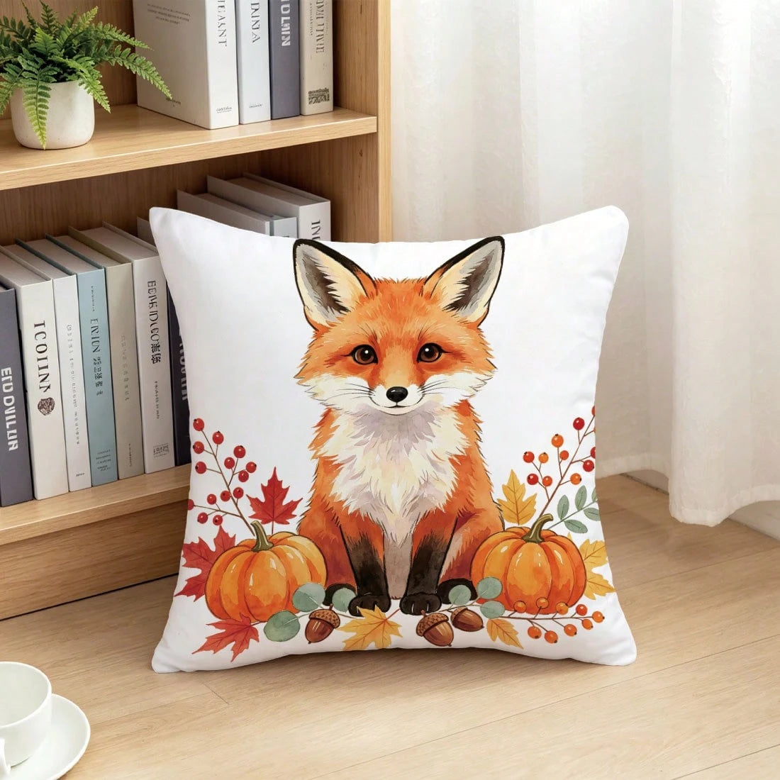 1pc Minimalist Autumn Fox Pumpkin Berry Leaf Pattern Cushion Cover, Single-Sided Printed Skin-Friendly Peach Skin Velvet Material, 45*45CM Pillowcase Suitable For Room Decoration, Indoor Living Room S
