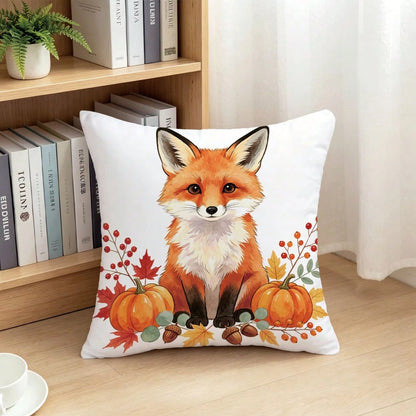 1pc Minimalist Autumn Fox Pumpkin Berry Leaf Pattern Cushion Cover, Single-Sided Printed Skin-Friendly Peach Skin Velvet Material, 45*45CM Pillowcase Suitable For Room Decoration, Indoor Living Room S