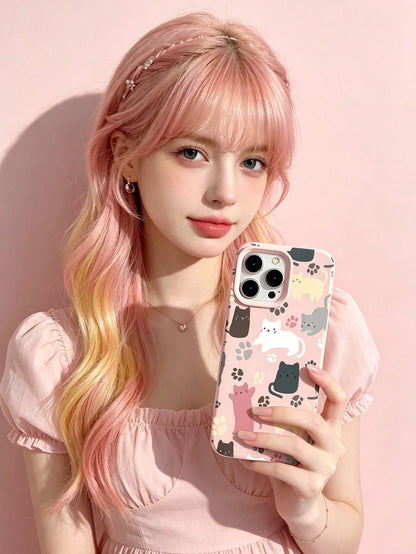 1pc Minimalist Personalized Cat Pattern Light Pink Liquid Large Hole Lens Anti-Drop Anti-Fingerprint Phone Case Compatible With IPhone 17/16/16Pro/16Plus/15/15ProMax/15Pro/11/12/13/14ProMax/11Pro/11Pr