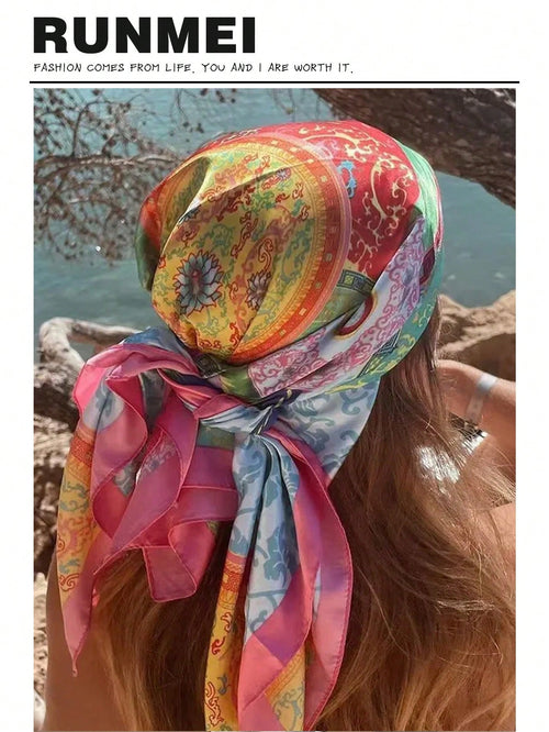 1pc Minimalist Printed Satin Square Scarf, New Spring Headscarf For Women, As Waistband, Bag Decor, Ribbon, Headband Or Scarf