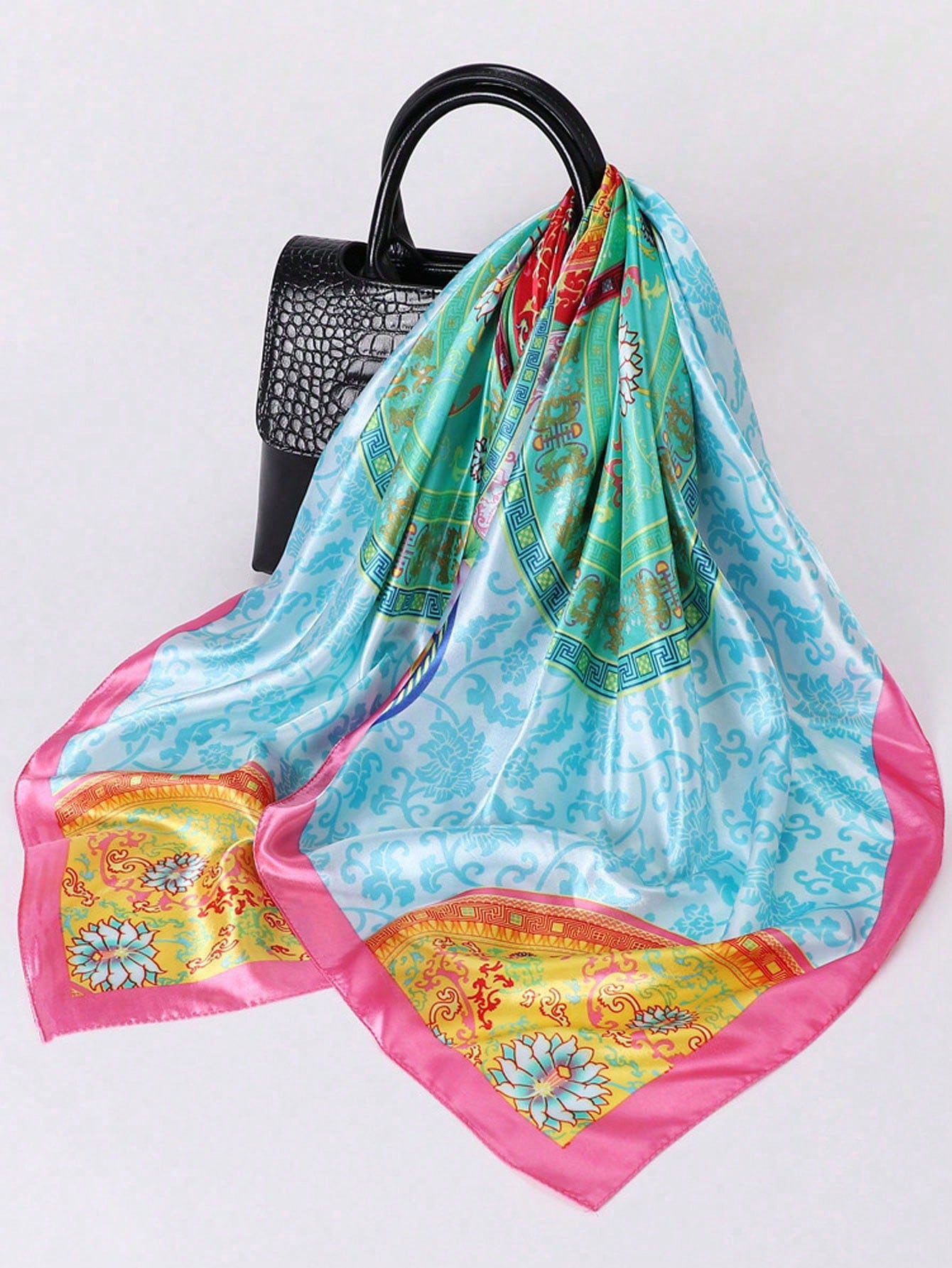 1pc Minimalist Printed Satin Square Scarf, New Spring Headscarf For Women, As Waistband, Bag Decor, Ribbon, Headband Or Scarf
