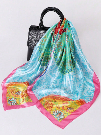 1pc Minimalist Printed Satin Square Scarf, New Spring Headscarf For Women, As Waistband, Bag Decor, Ribbon, Headband Or Scarf
