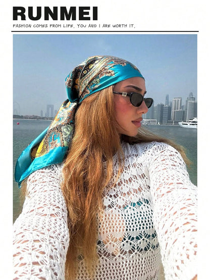 1pc Minimalist Printed Satin Square Scarf, New Spring Headscarf For Women, As Waistband, Bag Decor, Ribbon, Headband Or Scarf