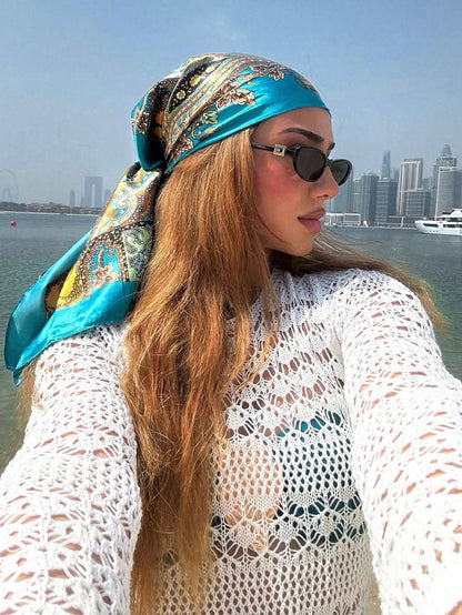 1pc Minimalist Printed Satin Square Scarf, New Spring Headscarf For Women, As Waistband, Bag Decor, Ribbon, Headband Or Scarf