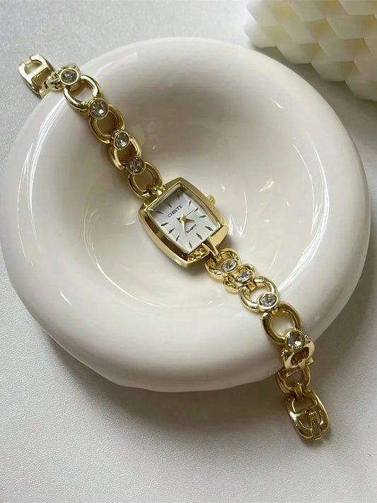 1pc Minimalist Square Dial Chain Strap Vintage Quartz Watch, Elegant Design For High School/College Girls