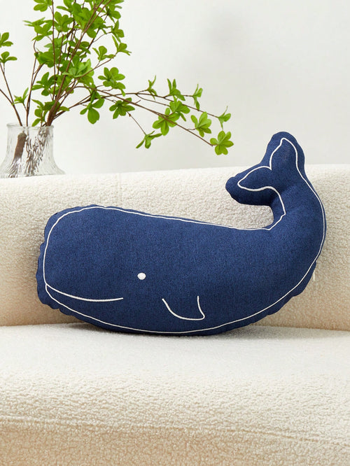1pc Navy Blue Embroidered Whale Shaped Decorative Pillow Cover, Suitable For Indoor Decoration, Odd-Shaped Pillow Cover For All Seasons, Sold Without Insert
