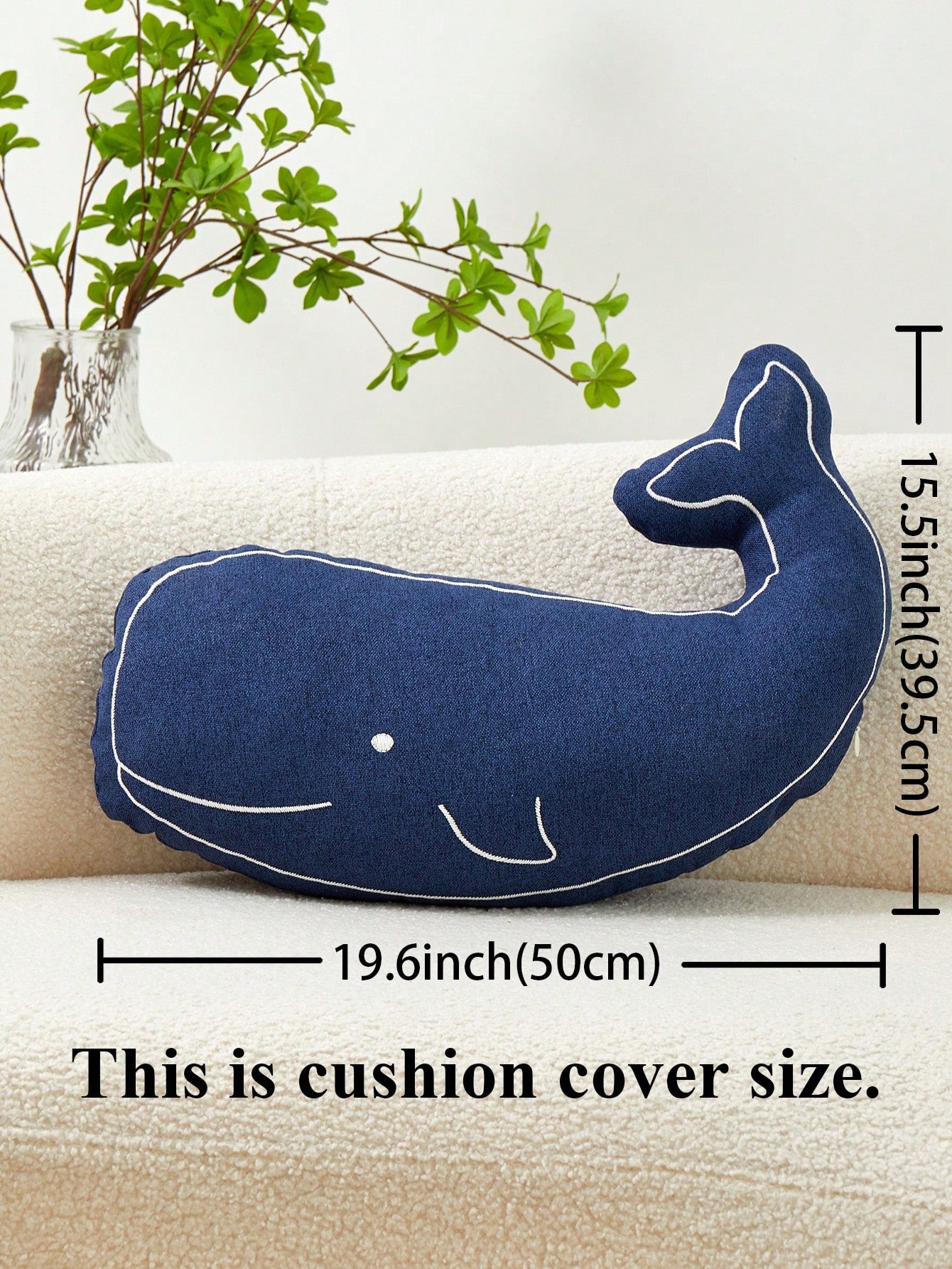 1pc Navy Blue Embroidered Whale Shaped Decorative Pillow Cover, Suitable For Indoor Decoration, Odd-Shaped Pillow Cover For All Seasons, Sold Without Insert