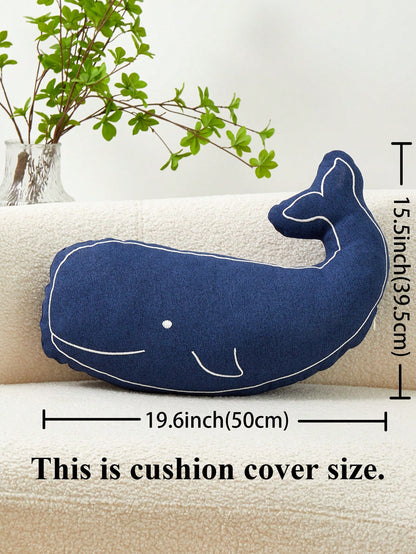 1pc Navy Blue Embroidered Whale Shaped Decorative Pillow Cover, Suitable For Indoor Decoration, Odd-Shaped Pillow Cover For All Seasons, Sold Without Insert