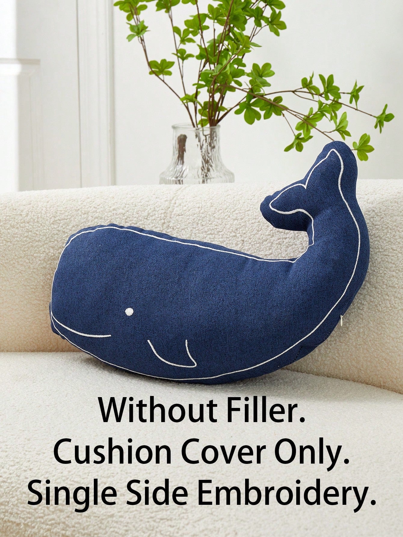 1pc Navy Blue Embroidered Whale Shaped Decorative Pillow Cover, Suitable For Indoor Decoration, Odd-Shaped Pillow Cover For All Seasons, Sold Without Insert